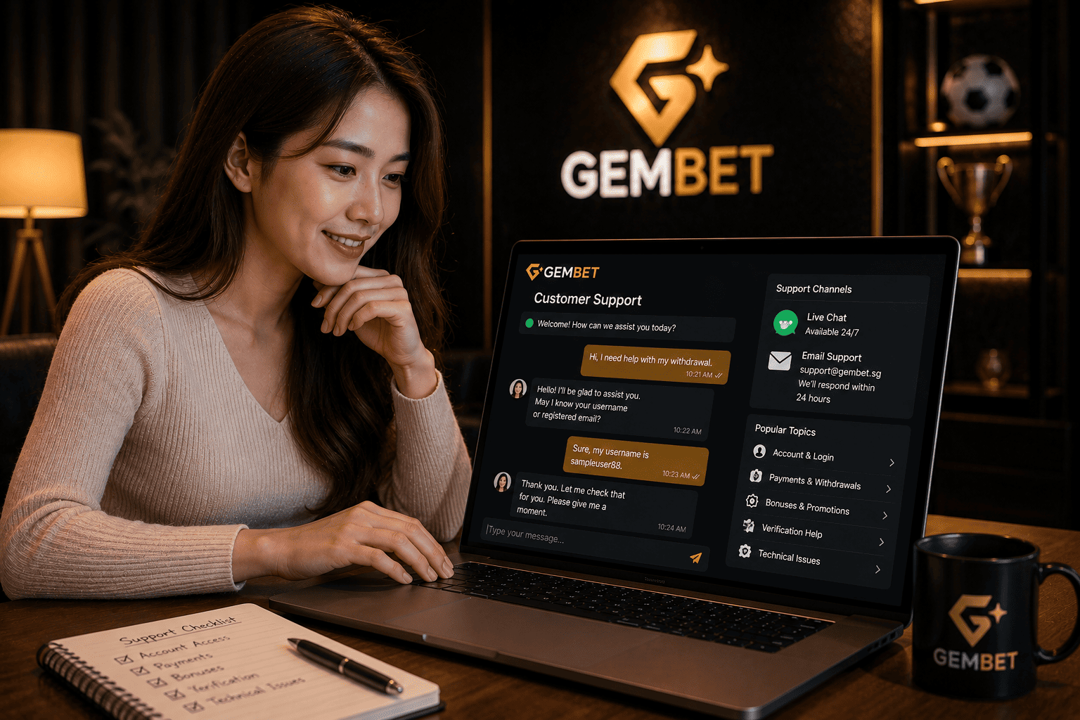 Gembet customer service representative assisting users with account and payment support