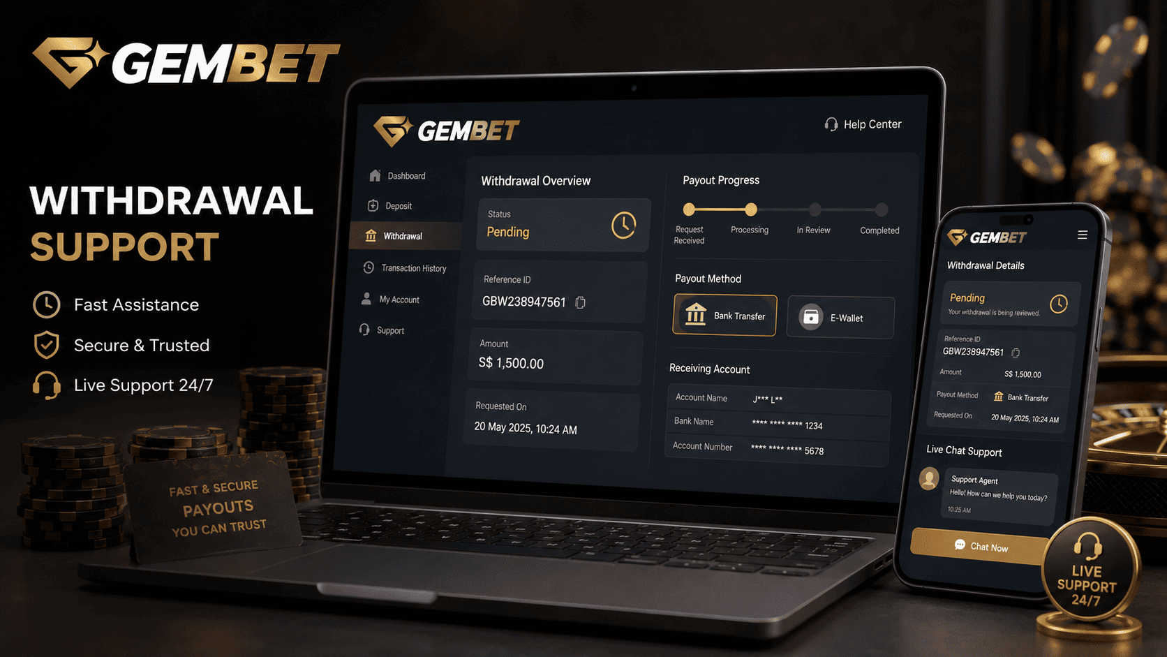 GemBet help transaction reference ID for tracking delayed withdrawals