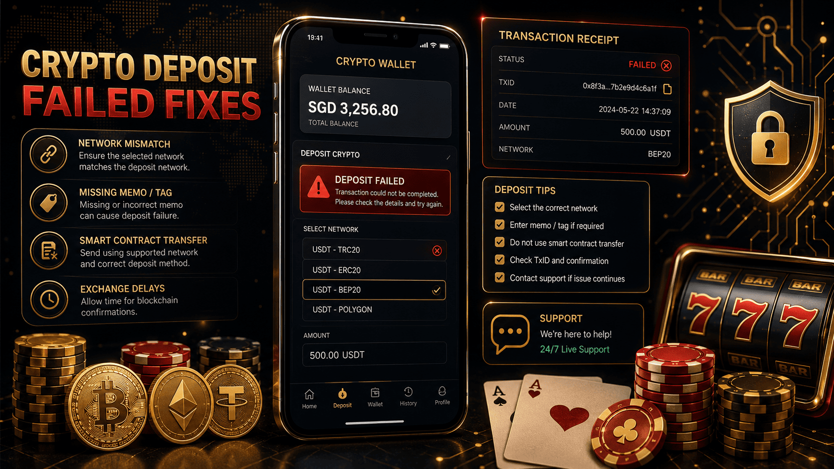 Gembet Crypto Deposit failed guide for network mismatch TxID missing memo and casino bonus tracking