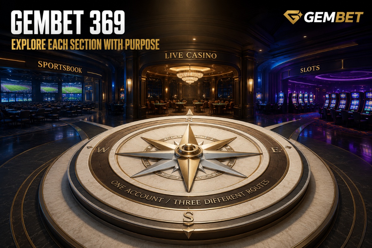 Gembet sportsbook, live casino and slots arranged as three distinct entertainment areas
