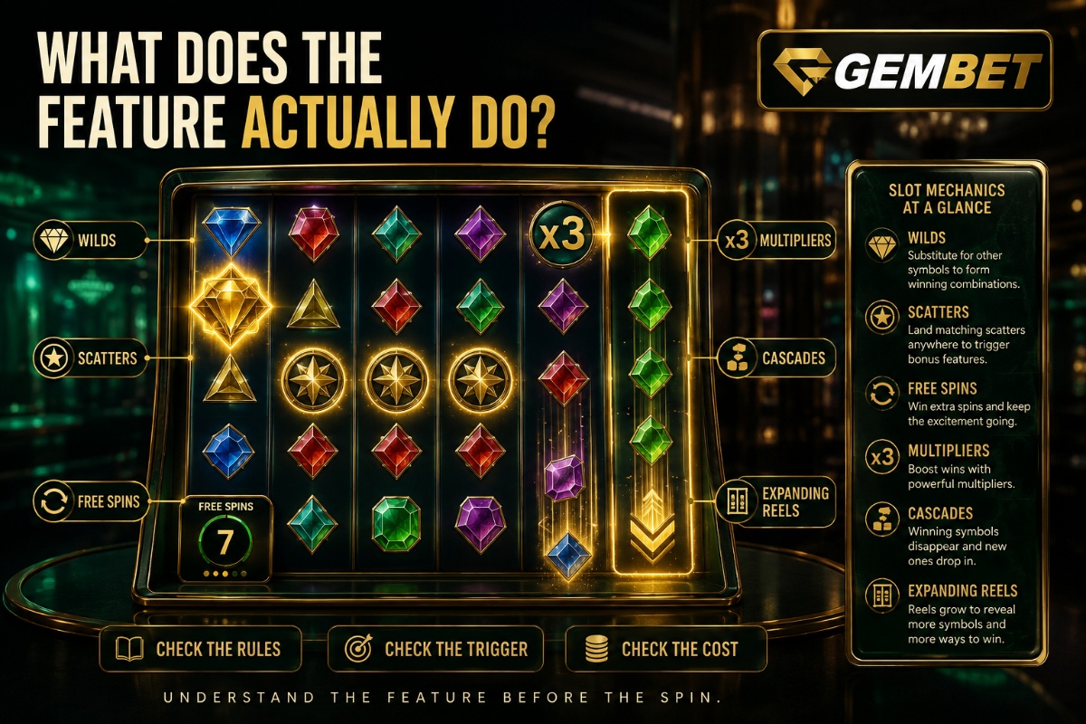 Slot features on Gembet showing wilds scatters multipliers cascades and bonus mechanics