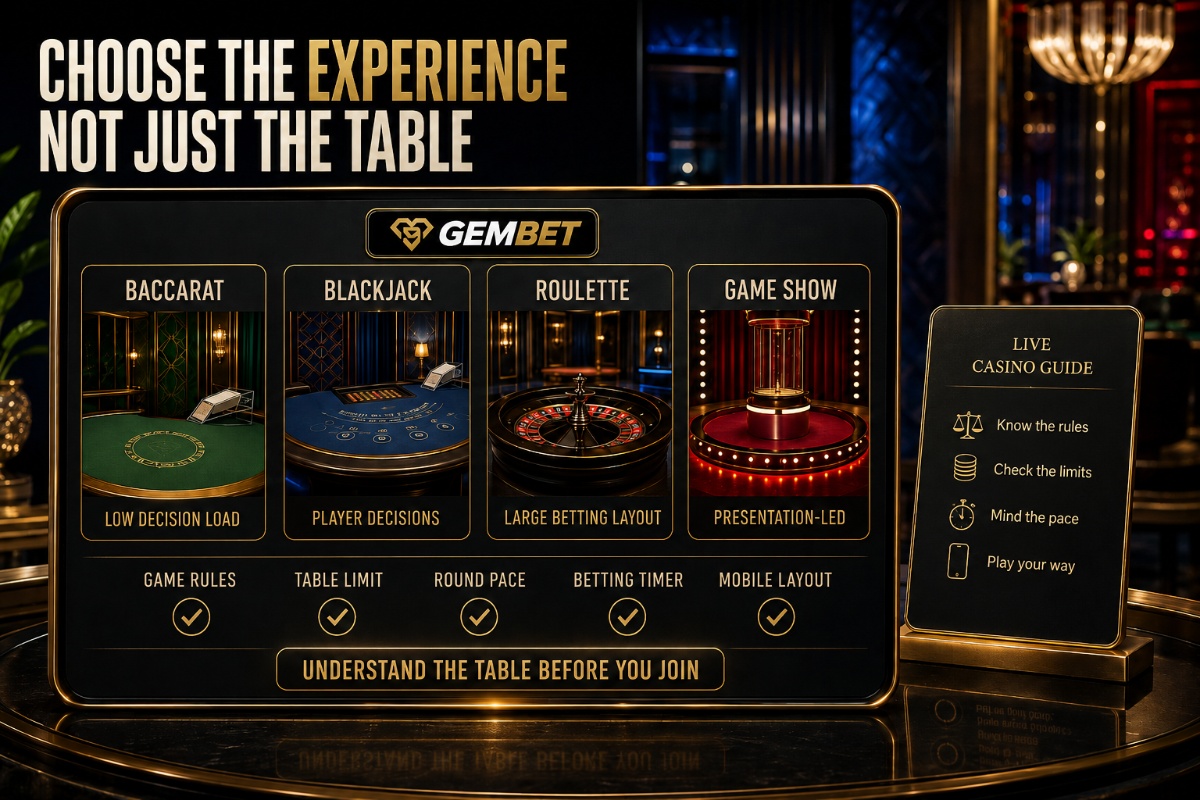 Live casino games on Gembet compared by pace limits interaction and table format