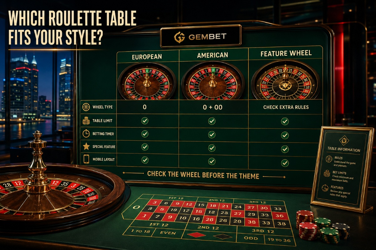 Live roulette on Gembet compared by wheel type limits pace and betting layout