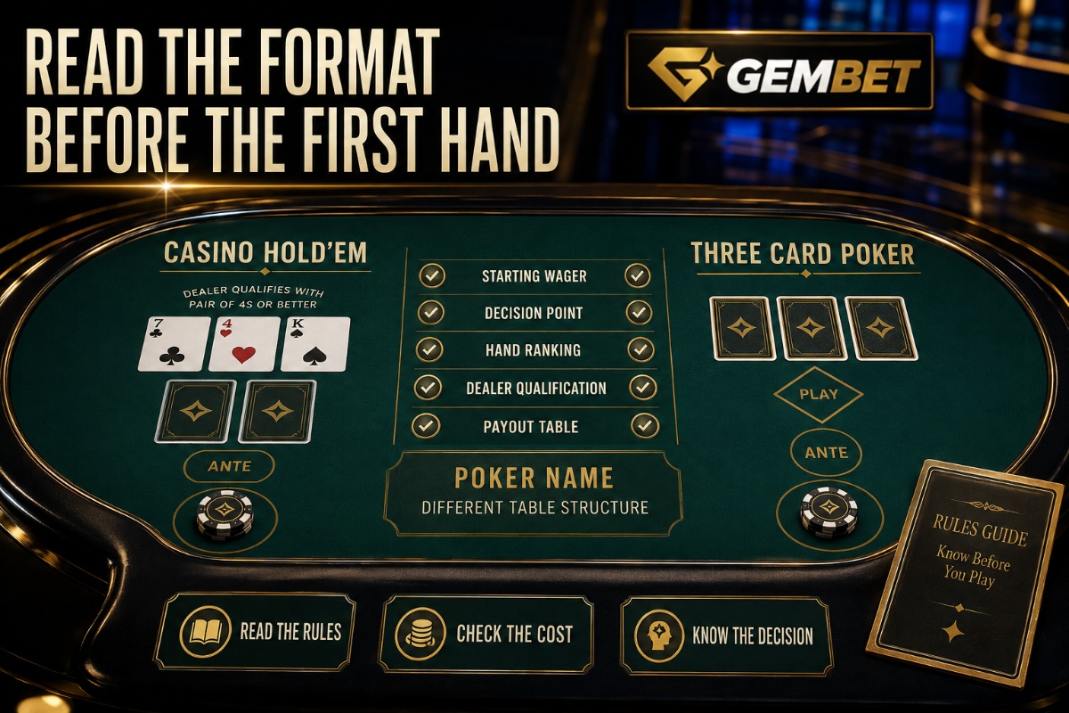 Live poker on Gembet compared by game format ante decisions qualification and payout rules