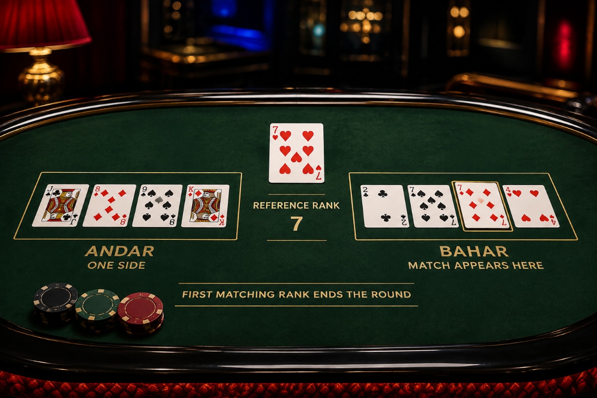 Andar Bahar card game with Andar and Bahar sides and a central reference card