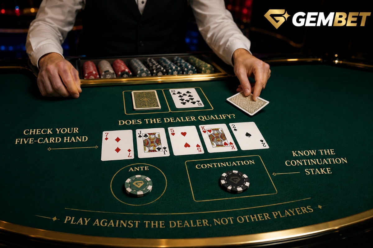 Caribbean Stud Poker live table with five-card player hand and dealer card