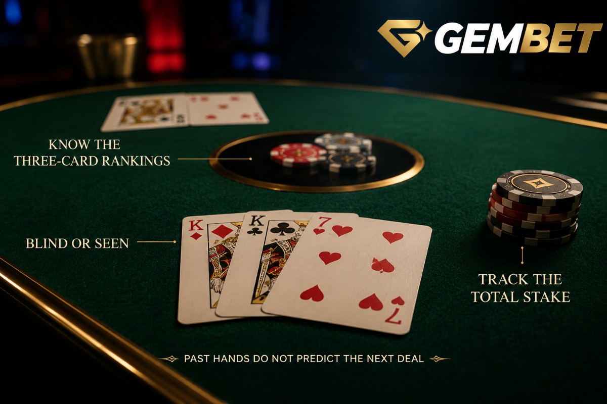 Teen Patti three card game with premium casino chips and ranked hands