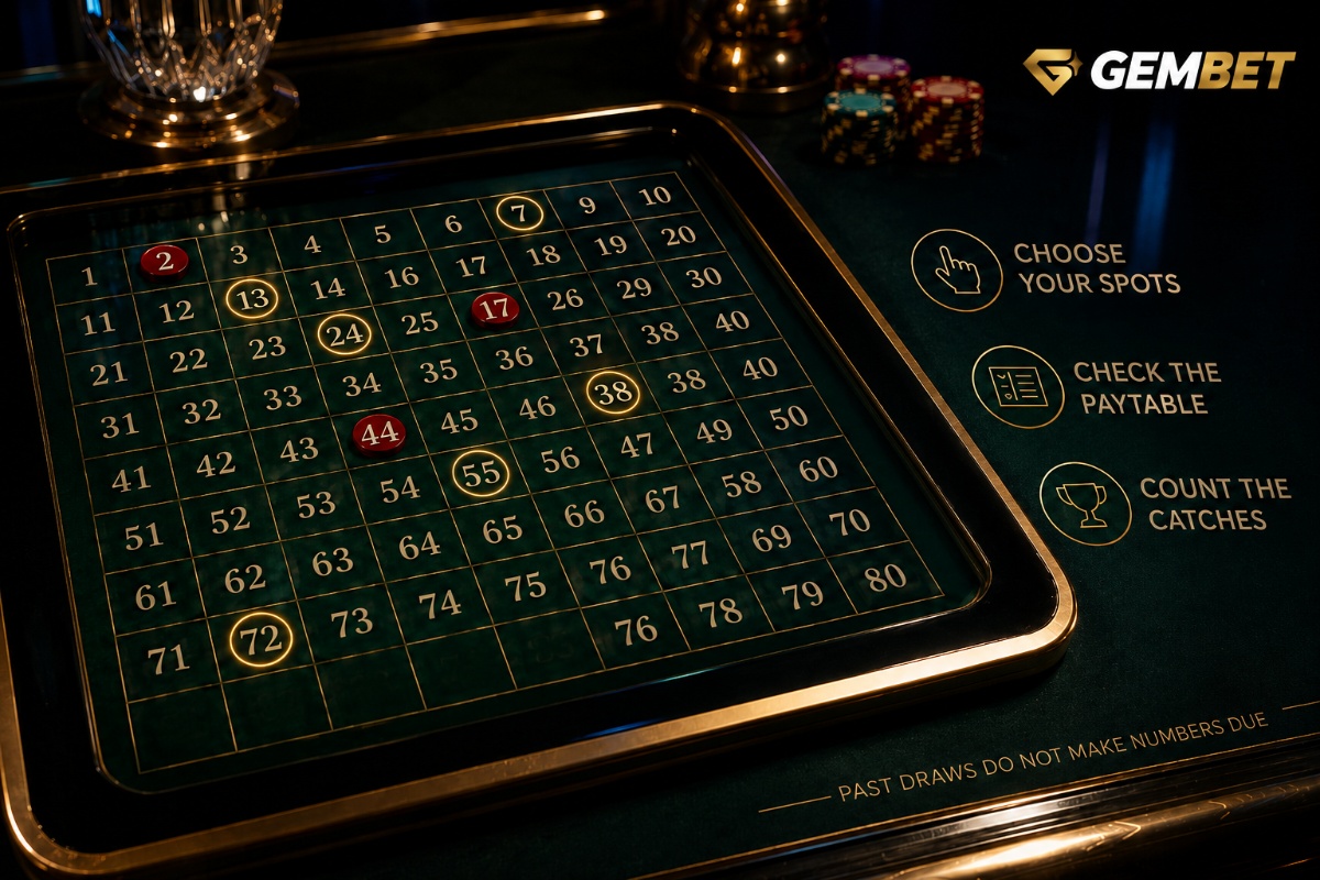 Online keno number game guide with selected spots and drawn numbers