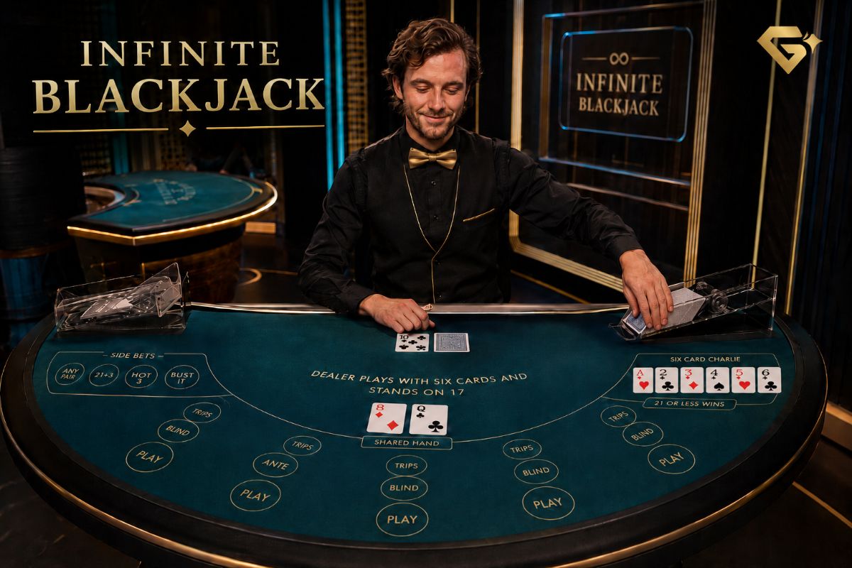 Infinite Blackjack live dealer table with shared starting cards
