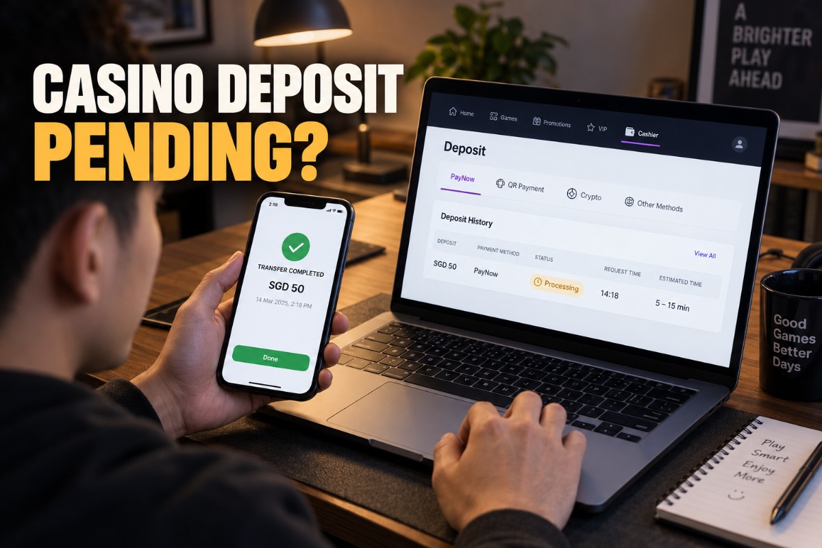 Casino Deposit Pending screen showing payment status and deposit tracker